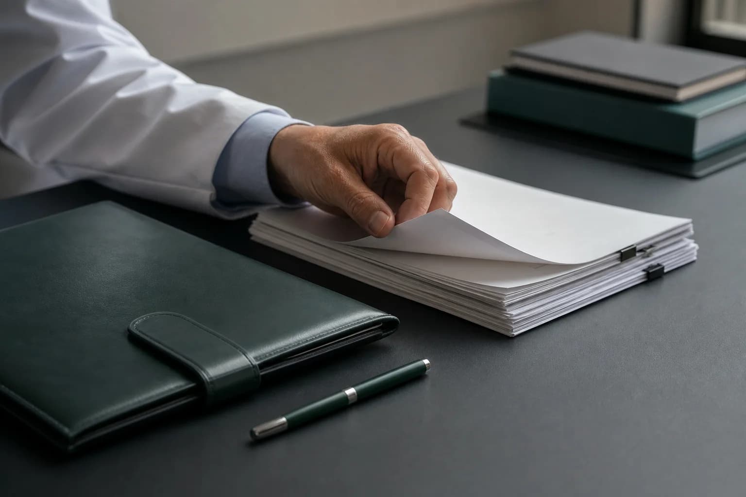 Médico revisando documentos clínicos sobre uma mesa escura