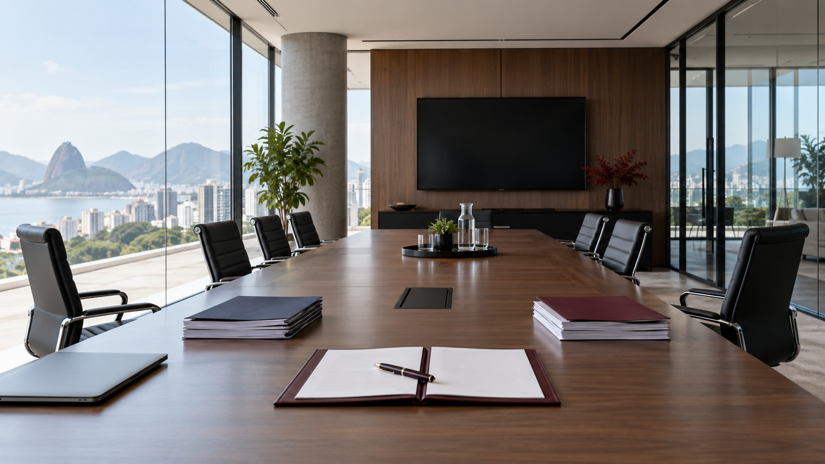 Sala de reunião vazia com documentos separados e contrato sem assinatura sobre a mesa.