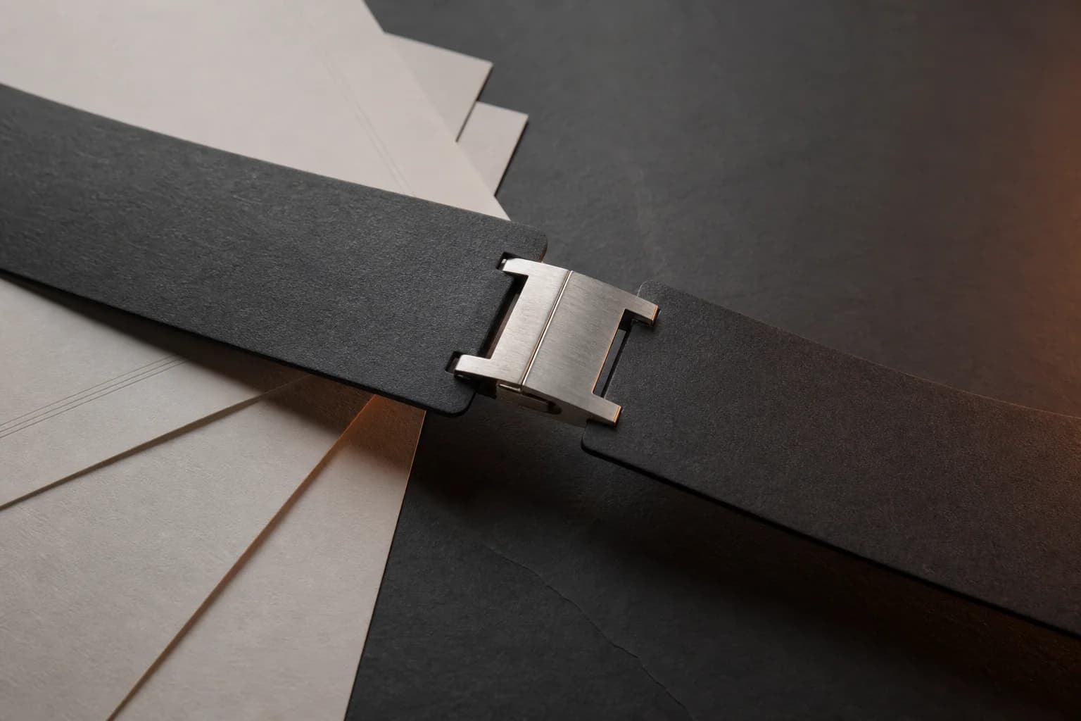 Duas faixas de papel conectadas por um fecho metálico
